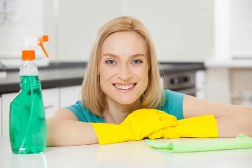 Cleaner inspecting a sofa before upholstery cleaning in Maidavale