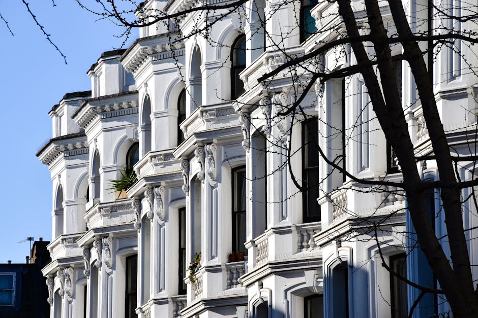 Exterior view of a white Victorian-style residential building in Lauderdale Mansions Maida Vale featuring ornate architectural details, tall sash windows, and decorative cornices. The facade appears clean and well-maintained, with some windows adorned with potted plants. The building is partially obscured by a leafless tree in the foreground, casting shadows on the surface. Bright daylight highlights the crisp white surface and intricate embellishments, emphasizing the building’s classic design. This image reflects the importance of surface cleaning and maintenance for historic properties, as provided by Cleaners Maida Vale, who specialise in domestic cleaning and deep cleaning services in the Maida Vale area.